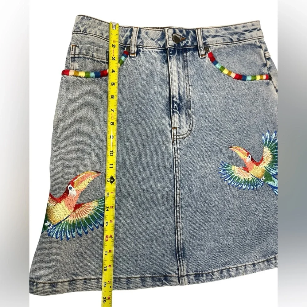 NWT Farm Rio Embroidered Denim Mini Skirt Tropical Colorful Boho Vacation Beach - Picture 6 of 13